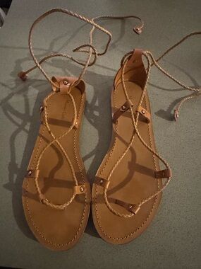 💯leather Massimo Dutti Tan Lace-Up Gladiator Sandals